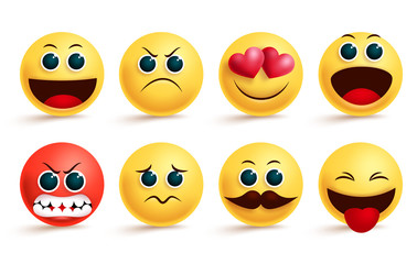 Smiley emoji vector set. Yellow smileys emoji and emoticon with cute angry, in love, sad and excited facial expressions and emotions for design elements. Vector illustration.  
