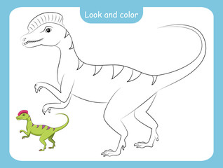 Coloring page outline of dinosaur with colored example.