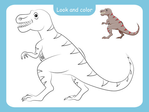 Coloring page outline of dinosaur with colored example.