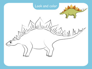Coloring page outline of dinosaur with colored example.