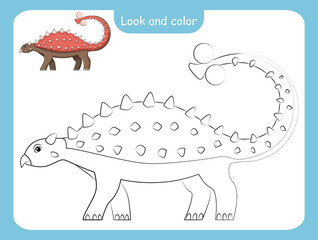 Coloring page outline of dinosaur with colored example.