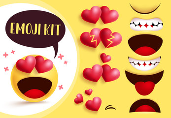 Emoji smiley love heart create kit. Smileys emoji yellow face with editable love heart eyes and mouth with in love facial expression for character creation. Vector illustration.   