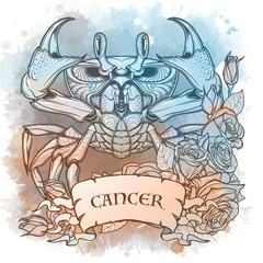 Zodiac sign of Cancer, element of Water. Intricate linear drawing on watercolor textured background. Blue and turquoise mysterious palette. A4 vertical format. EPS10 vector illustration.