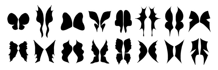 Set of vector fantasy silhouette of different wings isolated on white background. Hand drawn vector illustrations. Decoration for greeting cards, posters, patches, prints for clothes, emblems.