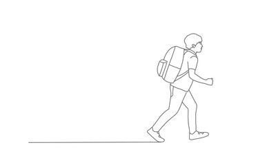 Boy with Backpack Goes to School. Line drawing vector illustration.
