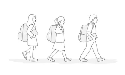Pupils with Backpack Going to School. Line drawing vector illustration.