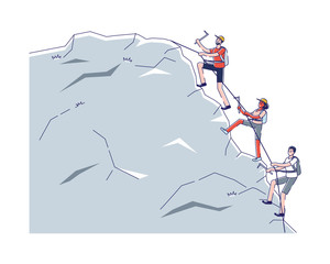 Concept Of Alpinism And Activity Sport. Male And Female Characters Climb Up Mountain Use Professional Alpinists Tools. Sport Adventure Challenge. Cartoon Linear Outline Flat Style Vector Illustration