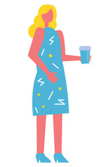 Young blonde girl in blue summer dress holding plastic coffee cup isolated on white. Garbage sorting, saving environment concept vector illustration