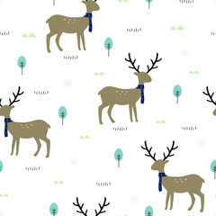 Seamless pattern Brown deer wearing a scarf And there is a small tree on a white background. Cute design in cartoon style. Used for publication, clothing, fashion, textile, vector illustration.