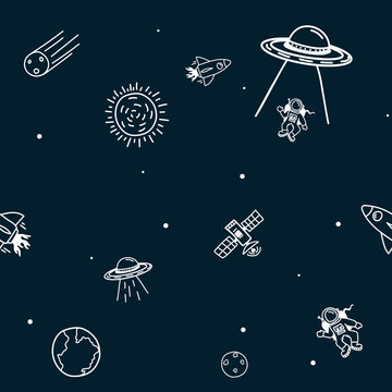 Space cartoon seamless pattern.Vector illustration of dark space seamless pattern with sketchy space icons.