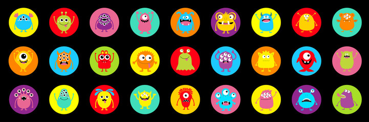 Happy Halloween. Monster colorful silhouette super big round icon set. Cute kawaii cartoon scary funny baby character. Eyes, tooth fang, tongue, hands up. Black background. Flat design.