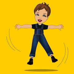 emoji with happy boy who is jumping for joy and laughing, emoticon on a yellow isolated background