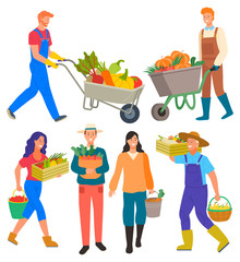 Farmers happy to harvest vector, isolated people wearing uniforms. Carts with pumpkin and carrots, beetroots, bucket with apples and yellow pears
