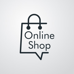 Símbolo de tienda en línea. Icono plano lineal con texto Online Shop en bolsa de la compra en fondo gris