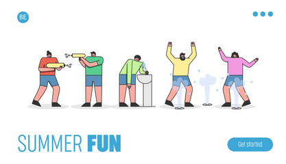 Concept Of Summer Hot Period. Website Landing Page. People Weary From Heat, Playing Super Soakers, Drenching With Water, Swimming in Fountain. Web Page Cartoon Linear Outline Flat Vector Illustration