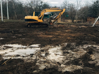 Excavator uprooting trees on land in countryside. Bulldozer clearing land from old trees, roots and...