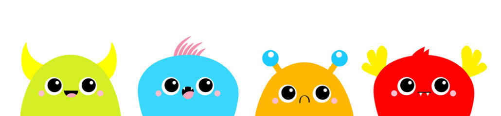 Monster head face line. Happy Halloween. Baby icon set. Cute cartoon kawaii scary funny colorful character. Eyes, tooth fang, tongue, hands up. White background. Isolated. Flat design.