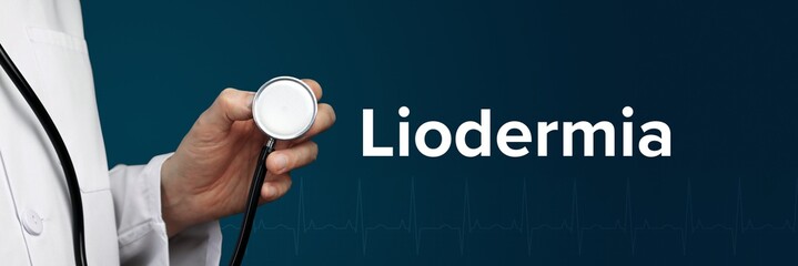 Liodermia. Arzt (isoliert) hält Stethoskop in Hand. Begriff steht daneben. Ausschnitt vor blauem Hintergrund mit EKG. Medizin, Gesundheitswesen