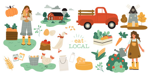 Farm and agriculture. Vector cute illustrations of village life and objects for a poster, banner or postcard, freehand drawings of people, animals, vegetable and house