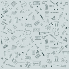 pattern on the subject of medicine, dark gray outline, light gray background, vector illustration, design, decoration, banner
