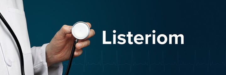 Listeriom. Arzt (isoliert) hält Stethoskop in Hand. Begriff steht daneben. Ausschnitt vor blauem...