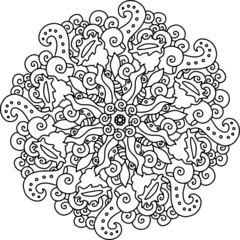 Mandala round gorgeous swirling curl ethnic pattern coloring page book black and white art therapy relax psychology