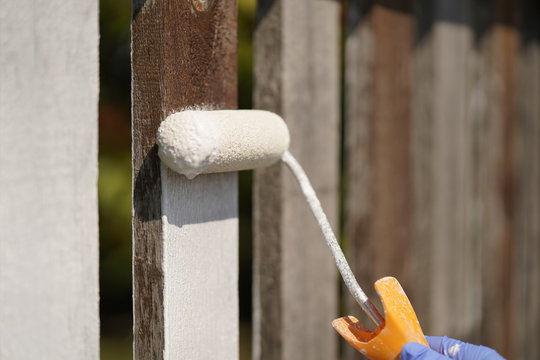 White paint roller on fence.