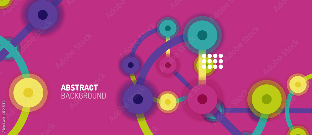 Poster flat style geometric abstract background, round dots or circle connections on color background. tech
