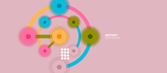 Flat style geometric abstract background, round dots or circle connections on color background. Technology network concept.
