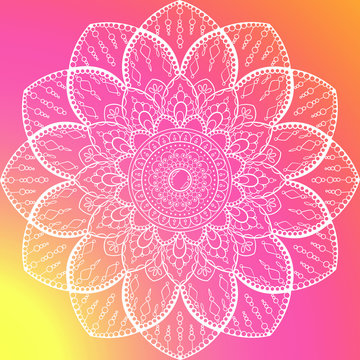 Boho white mandala on orange magenta vibrant gradient background..Use as decoration for.advertisement, book covers, business logo, doily surface, yoga classes and posters design