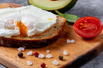 Poached egg with avocado on whole grain bread