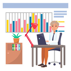 Workspace of man vector, office worker wearing formal clothes. Male with plant and cabinet filled with books. Smart character with computer at table