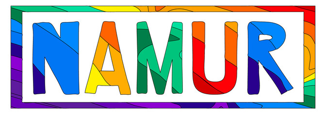 Namur. Multicolored bright funny cartoon colorful isolated inscription in frame. Namur - city in Belgium. For poster, booklet, flyer, souvenir, prints on clothing, t-shirts, bags. Stock vector image.