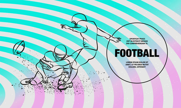American Football Kicker Hits the Ball. Vector outline of Football players sport illustration.