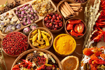 Various dried medicinal herbs. Natural Herbal Medicine Selection.