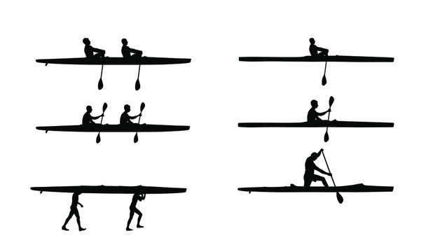 Teamwork kayakers paddling double kayak in competition race vector silhouette isolated. Sport man crew in kayak boat racing. Weekend team building on river. Sport canoe rowing in sprint. Athlete man.
