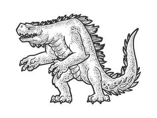 Cartoon dinosaur monster animal sketch engraving vector illustration. T-shirt apparel print design. Scratch board imitation. Black and white hand drawn image. © Oleksandr Pokusai