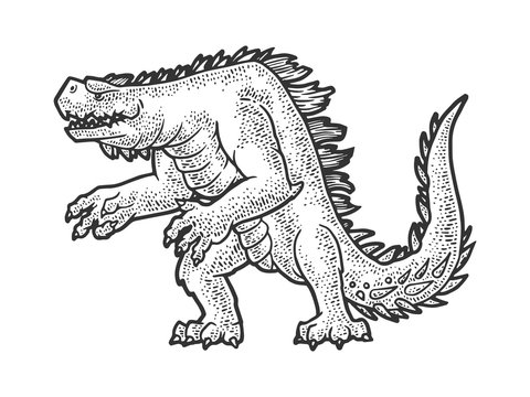 Cartoon dinosaur monster animal sketch engraving vector illustration. T-shirt apparel print design. Scratch board imitation. Black and white hand drawn image.