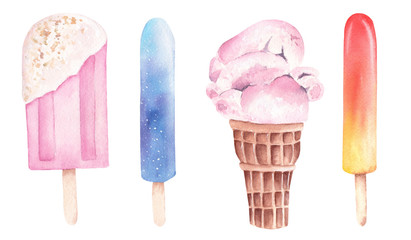 Watercolor ice cream popsicle clipart isolated on white background. Summer food design graphic elements.