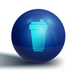 Blue Fitness shaker icon isolated on white background. Sports shaker bottle with lid for water and protein cocktails. Blue circle button. Vector