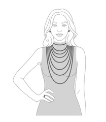 Necklace size chart with a silhouette of a woman. Demonstration of long necklaces.
