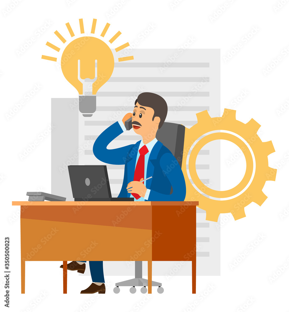 Aufkleber business call of boss vector, isolated character solving problems of company flat style. man consult
