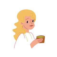 Cute cartoon girl holding a delicious matcha tea in her hand. A young woman with a Cup of organic drink. The concept of healthy eating. Vector illustration isolated on a white background.