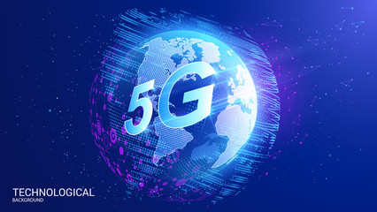 Obraz na płótnie Canvas Vector. The fifth generation of 5G mobile broadband. Wi-fi Digital antenna arrays. Worldwide global information network. Modern technology and innovation. Planet Earth. The future of communications.