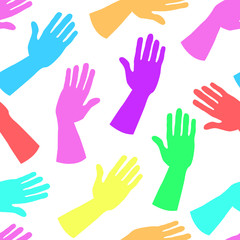 Obraz premium Seamless pattern of bright multi-colored hands. Palms in a greeting or giving gesture. For wrapping, scrapbooking paper, banners. Stock flat vector illustration isolated on white background.