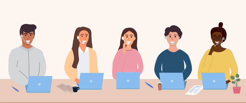 Colorful Call center operators avatars concept. Male and female customer service contact help managers vector web pictures. Customer support service. Online consultants. Flat Vector Illustration