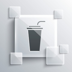 Grey Paper glass with drinking straw and water icon isolated on grey background. Soda drink glass. Fresh cold beverage symbol. Square glass panels. Vector