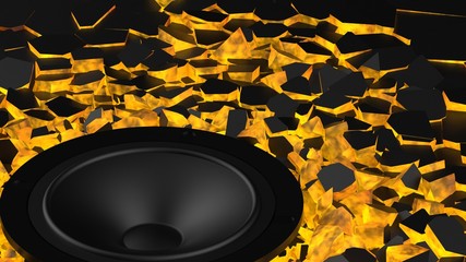 Music concept illustration. Black sound speaker on orange illuminated black cracked wall background. 3d illustration. 3D CG.