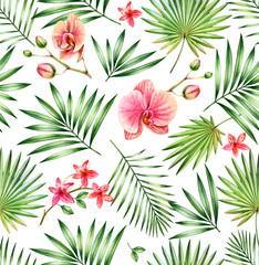 Watercolor tropical seamless pattern. Pink orchid flowers and palm leaves isolated on white. Botanical hand drawn floral background for surface, textile, wallpaper design
