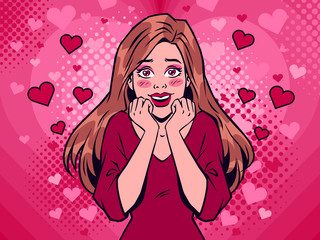 Comic girl with hearts in her eyes on a pink background. Pop art vector St.Valentine's day illustration.